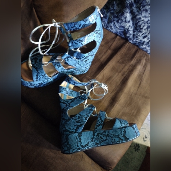 Shoes - Blue Snakeskin Lace-Up Wedge Sandals